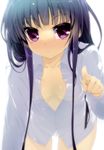  akahito bad_id bad_pixiv_id bent_over black_hair blush breasts collarbone inu_x_boku_ss long_hair looking_at_viewer no_bra panties pointing purple_eyes shirakiin_ririchiyo shirt small_breasts solo underwear white_panties white_shirt 