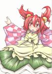  apron bell checkered checkered_shirt hair_bell hair_ornament jingle_bell long_sleeves marker_(medium) motoori_kosuzu outstretched_arms red_eyes red_hair shirt short_hair sokutenkun solo touhou traditional_media two_side_up wide_sleeves 