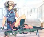  bipod bolt_action brown_eyes daito eating food gloves gun headphones headset original paint rifle sandwich school_uniform scope short_hair silver_hair sitting skirt sniper_rifle solo sv-98 sweater_vest weapon 