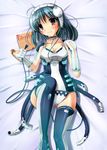  absurdres aqua_hair bad_id bad_pixiv_id breasts brown_hair caloriemate cleavage dakimakura electric_plug headband highres legs lying mecha_musume medium_breasts on_back original pink_eyes school_swimsuit solo swimsuit thighhighs tube umitonakai 