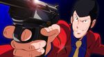  1boy arsene_lupin_iii black_eyes foreshortening gradient gradient_background gun handgun highres jacket lens_flare lupin_iii male male_focus necktie nogo pistol sideburns smile solo tie tms_entertainment weapon 