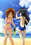  :d absurdres bangs beach bikini black_hair blue_swimsuit blush bottle breasts brown_eyes brown_hair cleavage cloud cloudy_sky day drink girls_und_panzer green_tea hand_on_thigh highres holding leaning_forward legs long_hair looking_at_viewer looking_back medium_breasts multiple_girls nishizumi_miho non-web_source nyantype ocean official_art one-piece_swimsuit open_mouth outdoors pink_bikini reizei_mako scan short_hair sky smile standing sugimoto_isao swimsuit tea very_long_hair water wet 