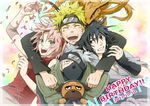  3boys :d ^_^ black_eyes black_hair blonde_hair cherry_blossoms closed_eyes dated dog firstsky flak_jacket forehead_protector green_eyes grey_hair happy_birthday haruno_sakura hatake_kakashi konohagakure_symbol kurama_(naruto) kyuubi mask multiple_boys multiple_tails naruto naruto_(series) naruto_shippuuden ninja one_eye_covered open_mouth pakkun_(naruto) petals pink_hair sanpaku short_hair silver_hair smile spiked_hair sweatdrop tail team7 uchiha_sasuke uzumaki_naruto whisker_markings 