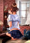  analog_clock ass bad_id bad_pixiv_id bag black_legwear blush book bookshelf brown_eyes brown_hair clock curtains feet hair_bun highres indoors lamp lampshade looking_at_viewer looking_back original sitting stuffed_animal stuffed_toy teddy_bear thighhighs umitonakai wallpaper_(object) wariza watermark web_address window 