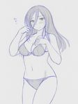  bikini blush breasts character_request cleavage commentary_request copyright_request kasuga_yukihito large_breasts long_hair monochrome solo swimsuit 
