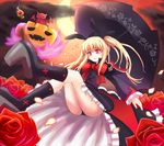  animal_themed_umbrella black_capelet black_panties blazblue blonde_hair boots bow capelet crescent_moon flower frills gii hair_ribbon heel-less_platform_footwear high_heels jack-o'-lantern knee_boots kyubey lolita_fashion long_hair mahou_shoujo_madoka_magica moon nago panties parody petals platform_footwear pumpkin rachel_alucard red_bow red_eyes ribbon rose shoes solo soul_gem sumapan twintails umbrella underwear upskirt 