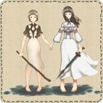  barefoot black_hair creator_connection crossover dirty_feet dress highres holding_hands ico long_hair mono multiple_girls pikonigiri shadow_of_the_colossus short_hair silver_hair stick sword time_paradox weapon white_dress yorda 