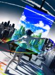  1girl art_brush barefoot blue_hair bottle brush city cityscape colorful commentary condensation_trail denim denim_shorts dutch_angle highres monochrome original paint paintbrush painting painting_(object) palette psychedelic rooftop short_hair shorts solo spray_bottle wenqing_yan wind windmill 