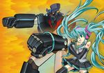  angry crossover green_eyes green_hair hatsune_miku headphones long_hair mazinger_(series) mazinger_z mazinger_z_(mecha) mecha microphone necktie rocket_punch skirt superalloy tattoo thighhighs twintails very_long_hair vocaloid zero_jager 