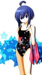  ahoge blue_hair highres kiiro mahou_sensei_negima! miyazaki_nodoka one-piece_swimsuit print_swimsuit purple_eyes short_hair star star_print swimsuit towel 