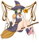  alternate_costume atsuko black_hair broom cat green_eyes halloween hat jack-o'-lantern minami-ke mo-fu necktie pumpkin solo witch witch_hat 