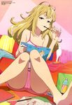  :&gt; absurdres antenna_hair bangs bare_shoulders barefoot blonde_hair blush bottle bra brown_eyes camisole couch crotch double_vertical_stripe drink dutch_angle eating feet food fujoshi highres indoors knees_together_feet_apart koujiro_frau long_hair looking_at_viewer manga_(object) megami messy_room nagura_satoshi naughty_face non-web_source official_art on_floor open_mouth pillow pocky pornography reading robotics;notes scan shadow short_shorts shorts sidelocks sitting soles solo strap_slip underwear wavy_hair white_bra yaoi 