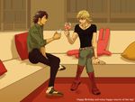  alcohol barnaby_brooks_jr beer blonde_hair boots brown_eyes brown_hair couch cup drinking_glass facial_hair glasses green_eyes kaburagi_t_kotetsu katou_setsuko multiple_boys pillow shirt stubble stuffed_animal stuffed_bunny stuffed_toy t-shirt tiger_&amp;_bunny wine wine_glass 