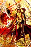 armor blonde_hair chain ea_(fate/stay_night) earrings enkidu_(weapon) fate/stay_night fate_(series) gate_of_babylon gilgamesh highres ikeda_(shiraki) jewelry male_focus perspective red_eyes solo sword weapon 