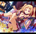  barefoot blazblue blonde_hair blush breasts collar crossed_legs dutch_angle fang feet floral_print flower frog hair_ornament hair_ribbon highres holding lantern leg_garter letterboxed long_hair long_toenails nail_polish no_panties petals rachel_alucard red_eyes ribbon sitting skirt slit_pupils small_breasts smile soles solo thigh_strap toenail_polish toenails toes toraishi_666 twintails 