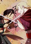  bad_id bad_pixiv_id battle black_hair blonde_hair duel facial_hair katana multiple_boys nanashi_(stranger) petals rarou scar stranger_mukou_hadan stubble sword weapon zakk 