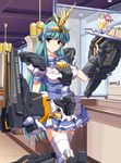  aqua_hair armor food gundam gundam_unicorn highres long_hair mecha_musume milkshake purple_eyes sandwich thighhighs unicorn_gundam_banshee waitress white_legwear zixia_(msl) 