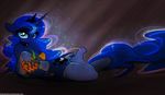  abstract_background anthro anthrofied blue_eyes breasts collar cutie_mark elbow_gloves equine female fingerless_gloves foxinshadow friendship_is_magic gloves glowing hair horn legwear long_hair looking_at_viewer lying mammal moon my_little_pony princess_luna_(mlp) pumpkin solo stockings thong winged_unicorn wings zero-sum 