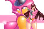  1girl aphrodite_a belt breasts brown_hair dress giant_robot hips large_breasts legs long_hair looking_at_viewer mazinger_(series) mazinger_z mecha oldschool panties pantyshot pink_eyes smile solo thighs touei underwear wide_hips xen-z yumi_sayaka zen_and_retro 