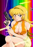  1girl armband blonde_hair breasts brown_eyes bullet_hole choker cleavage cutie_honey earrings gun hairband handgun highres impossible_clothes jewelry kisaragi_honey kurumi-lover kurumilover large_breasts magical_girl pistol solo touei weapon 