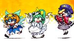  animal_hat beret blue_dress blue_eyes blue_hair bow cirno closed_eyes daiyousei dress fairy_wings fangs green_hair hair_bow hair_tubes halloween_costume hat hopping jiangshi long_sleeves millipen_(medium) miyako_yoshika multiple_girls o_o ofuda open_mouth outstretched_arms pigeon-toed pointy_ears puffy_sleeves pumpkin_hat running sentarou short_hair short_sleeves side_ponytail smile stitches tears touhou traditional_media wavy_mouth wide_sleeves wings zombie_pose 