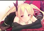  bare_shoulders blazblue blonde_hair blush breasts character_name cleavage daiaru dress elbow_gloves gloves happy_birthday letterboxed long_hair looking_at_viewer lying medium_breasts on_stomach rachel_alucard red_eyes smile solo twintails 