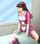  1girl belt breasts brown_hair cameltoe clenched_teeth crotch_rub dress eyes_closed gloves hairband helmet long_hair masturbation mazinger_(series) mazinger_z open_mouth solo spread_legs table table_sex tablesex teeth touei triffid window yumi_sayaka 