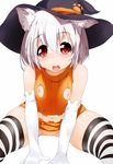 alternate_costume animal_ears bare_shoulders bottomless breasts elbow_gloves gloves halloween hat heart heart-shaped_pupils highres inubashiri_momiji jack-o'-lantern looking_at_viewer navel nippleless_clothes nipples red_eyes short_hair silver_hair small_breasts solo spread_legs striped striped_legwear symbol-shaped_pupils tera_zip thighhighs touhou white_background white_gloves wolf_ears 