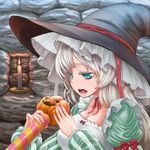 aqua_eyes breasts candle chihiro_p cleavage halloween hat holding large_breasts long_hair neck_ribbon open_mouth original puffy_sleeves ribbon silver_hair solo striped witch_hat 