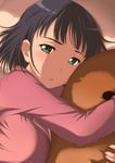  black_hair blush breasts capybara-san green_eyes kirigaya_suguha looking_at_viewer lying medium_breasts nori_tamago object_hug on_side pajamas short_hair solo sword_art_online 