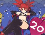  armpits bare_shoulders belt black_gloves black_legwear crossed_legs disgaea earrings elbow_gloves etna gloves go_robots grin jewelry looking_at_viewer midriff miniskirt navel pointy_ears prinny raised_eyebrow reclining red_eyes red_hair sitting skirt smile sweatdrop thighhighs twintails 
