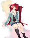  absurdres alternate_hairstyle bad_id bad_pixiv_id black_legwear blush food highres hood hoodie kamichi_miyaki kneehighs long_hair mahou_shoujo_madoka_magica open_clothes open_hoodie pocky red_eyes red_hair sakura_kyouko shorts sitting solo star twintails 