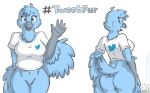  anthro avian bird blue_eyes bottomless butt clothed clothing female navel sammfeatblueheart simple_background solo tweetfur twitter white_background 