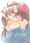  fang flower glasses highres horns lotus okamocheese oni original red-framed_eyewear ribbed_sweater solo sweater 