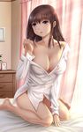  anegasaki_nene areolae barefoot blue_eyes blush breasts brown_hair cleavage dress_shirt groin highres kneeling large_breasts legs long_hair love_plus md5_mismatch mole mole_under_eye naked_shirt no_panties parted_lips see-through shirt sitting solo wariza youbou 