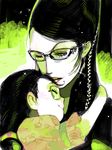  bayonetta bayonetta_(character) black_hair blue_eyes cereza child glasses hug long_hair mole mole_under_mouth multiple_girls one_eye_closed raised_eyebrow smile tegaki 