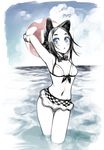  :&lt; animal_ears armpits arms_behind_head arms_up ass_visible_through_thighs ball beachball blue_eyes blush bow front-tie_top groin highres holding holding_ball navel original short_hair solo spot_color standing thigh_gap wading water yunar 