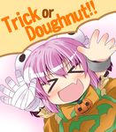  &gt;_&lt; bandages blush closed_eyes cuffs double_bun fang halloween halloween_costume ibaraki_kasen ichimi open_mouth outstretched_arms pumpkin shackles smile solo touhou trick_or_treat younger 