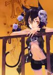  animal_ears bad_id bad_pixiv_id black_hair brown_eyes cat_ears flower hair_ornament looking_at_viewer navel open_clothes open_mouth open_shirt original railing shirt short_hair short_sleeves shorts shounen_democratica skull_hair_ornament solo tail 