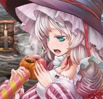 alternate_color aqua_eyes breasts candle censored chihiro_p cleavage cropped halloween hat holding large_breasts long_hair mosaic_censoring neck_ribbon open_mouth original puffy_sleeves ribbon silver_hair solo striped witch_hat 