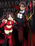  1girl bad_id bad_pixiv_id blue_eyes boots breasts brown_hair cape claw_pose claws cleavage cleavage_cutout costume demon demon_girl demon_horns demon_tail elbow_gloves facial_hair fang fate/stay_night fate/zero fate_(series) father_and_daughter fingerless_gloves fingernails fishnet_legwear fishnets gloves goatee halloween high_heels horns long_fingernails long_hair medium_breasts midriff navel pitchfork rokuji shoes short_shorts shorts succubus tail thigh_boots thighhighs time_paradox toosaka_rin toosaka_tokiomi two_side_up 