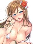  bare_shoulders bikini blue_eyes bracelet breasts brown_hair cleavage collarbone cropped flower hair_flower hair_ornament head_tilt jewelry large_breasts long_hair looking_at_viewer navel open_mouth original redrop saliva sample smile solo squatting sweat swimsuit tongue untied 