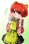  adjusting_eyewear angry apron bell blush checkered checkered_shirt clothes_writing cum cum_on_glasses facial glasses hair_bell hair_ornament japanese_clothes jingle_bell long_sleeves motoori_kosuzu naik red_eyes red_hair shirt short_hair solo touhou translation_request two_side_up veins 