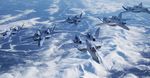  ace_combat ace_combat_x aircraft airplane epic fleet flying highres jet macross macross_vf-x2 mecha mountain no_humans parody photo_background realistic science_fiction snow u.n._spacy variable_fighter vf-22 yellow_man 