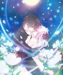  1girl black_hair clothed_male_nude_female couple darker_than_black flower full_moon hair_down hands_on_another's_face hei hetero hug jojon moon nude petals star_(sky) white_hair yin 