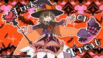 adapted_costume bat brown_hair cape cropped_jacket doll dress elize_lutus frills green_eyes halloween hat orange_background outstretched_arms short_hair smile spread_arms tales_of_(series) tales_of_xillia teepo_(tales) toraneko trick_or_treat wand witch_hat 
