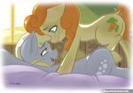  alpha_channel amber_eyes bed blonde_hair blush carrot_top_(mlp) cutie_mark derpy_hooves_(mlp) duo equine eye_contact female feral friendship_is_magic green_eyes hair hi_res horse lesbian lying mammal mrwes326 my_little_pony nude on_back orange_hair pegasus pony sweat wings 