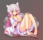  animal_ears bare_legs bare_shoulders barefoot blue book breasts cat_ears cleavage hair_ribbon long_hair medium_breasts open_book original red_eyes ribbon shio_poteto silver_hair sitting smile solo very_long_hair 