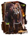  2girls absurdres bangs belt black_footwear black_legwear blazer blush braid breasts brown_hair collared_shirt eyebrows_visible_through_hair eyes_closed full_body girls_frontline gloves hair_between_eyes hair_rings half_updo hand_holding hand_up highres holding jacket long_hair looking_at_another m1903_springfield_(girls_frontline) medium_breasts multiple_girls one_side_up open_mouth pantyhose pirapirapirapira purple_hair red_eyes red_neckwear scarf shirt shoes sidelocks standing thighband_pantyhose very_long_hair wa2000_(girls_frontline) 