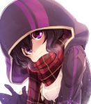  1girl black_hair closed_mouth fire_emblem fire_emblem:_kakusei fire_emblem_heroes gloves highres hood hood_up mark_(female)_(fire_emblem) mark_(fire_emblem) nakabayashi_zun nintendo purple_eyes scarf simple_background solo white_background 